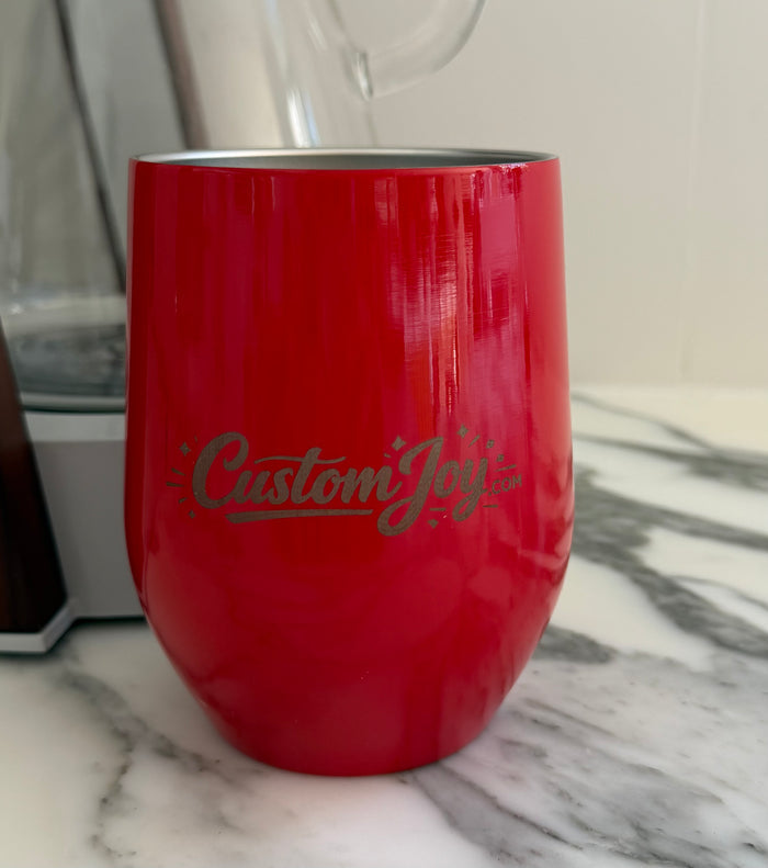 Red 12oz insulated tumbler with press-fit lid, ready for custom engraving