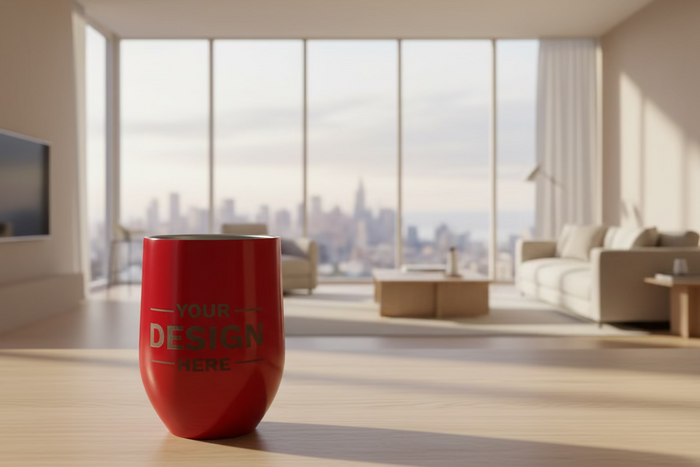 Personalized 12oz stemless wine tumbler showing space for your custom engraved design