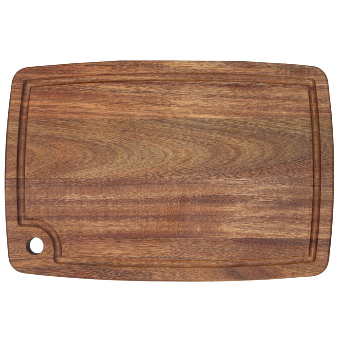 Acacia wood cutting board with juice groove and personalized engraved text on surface