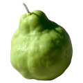 Realistic green pear shaped candle with a brown stem on a white surface