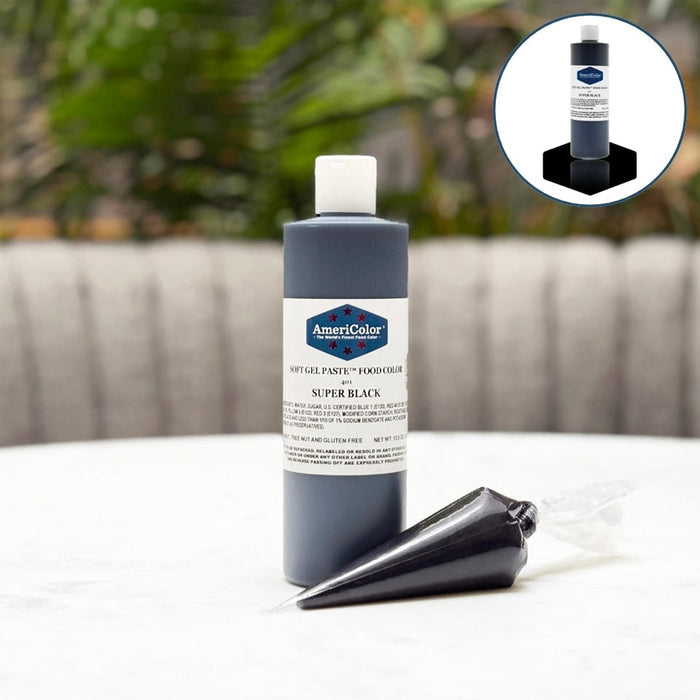 AmeriColor Super Black 13.5 oz bulk bottle, large commercial super black food coloring, professional bakery Super Black gel paste