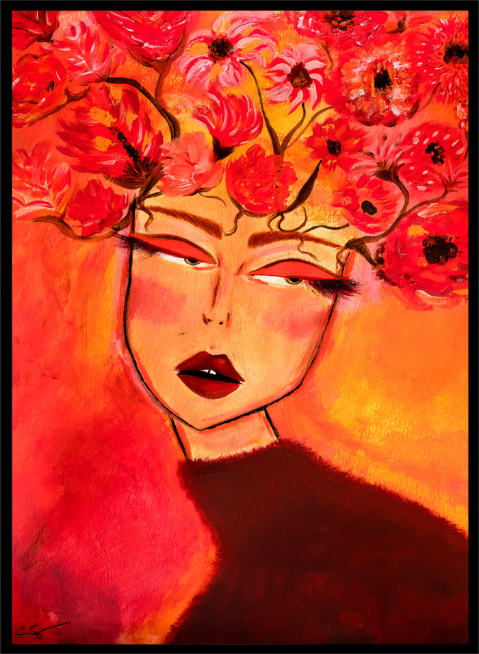 A vibrant portrait painting of a woman with closed eyes, surrounded by a large crown of red and pink flowers, set against a warm orange and red background. Shop Woman with Floral Head by Amy Straley, a contemporary figurative wall art print featuring a woman portrait, floral crown, and vivid red, pink, and orange tones.