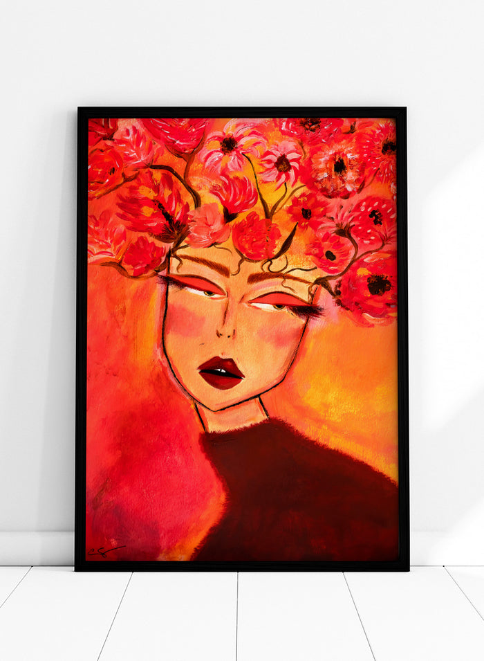 A vibrant portrait painting of a woman with closed eyes, surrounded by a large crown of red and pink flowers, set against a warm orange and red background. Shop Woman with Floral Head by Amy Straley, a contemporary figurative wall art print featuring a woman portrait, floral crown, and vivid red, pink, and orange tones.
