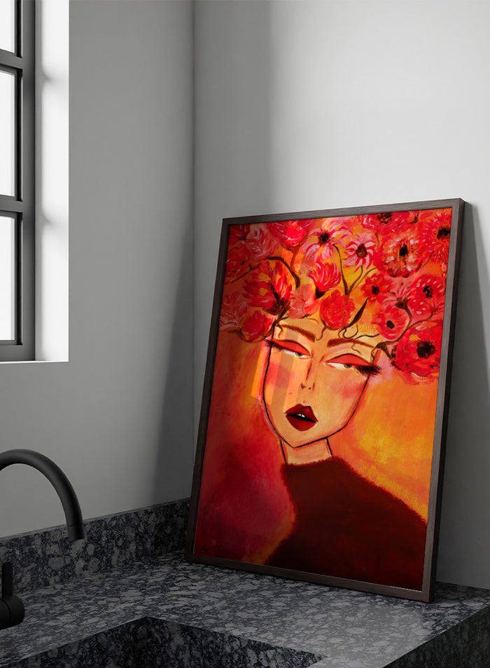 A vibrant portrait painting of a woman with closed eyes, surrounded by a large crown of red and pink flowers, set against a warm orange and red background. Shop Woman with Floral Head by Amy Straley, a contemporary figurative wall art print featuring a woman portrait, floral crown, and vivid red, pink, and orange tones.