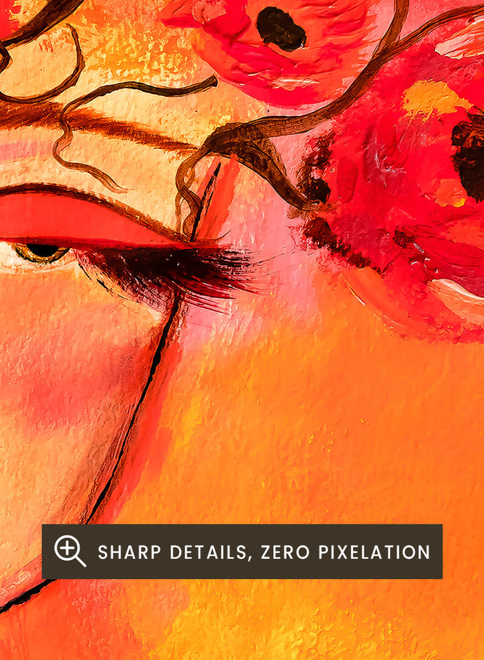 A vibrant portrait painting of a woman with closed eyes, surrounded by a large crown of red and pink flowers, set against a warm orange and red background. Shop Woman with Floral Head by Amy Straley, a contemporary figurative wall art print featuring a woman portrait, floral crown, and vivid red, pink, and orange tones.