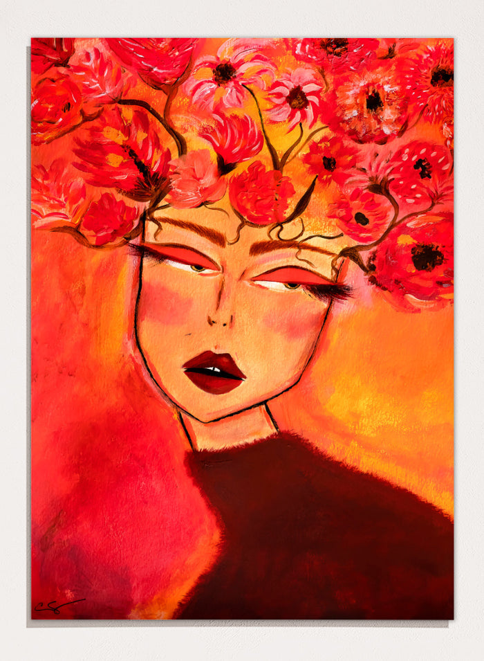 A vibrant portrait painting of a woman with closed eyes, surrounded by a large crown of red and pink flowers, set against a warm orange and red background. Shop Woman with Floral Head by Amy Straley, a contemporary figurative wall art print featuring a woman portrait, floral crown, and vivid red, pink, and orange tones.