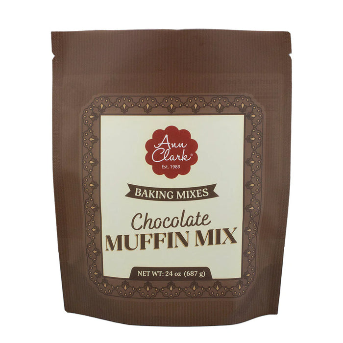 Ann Clark Gourmet Chocolate Chunk Muffin Mix bag, chocolate muffin baking mix with Dutch-process cocoa made in the USA, item 43-037