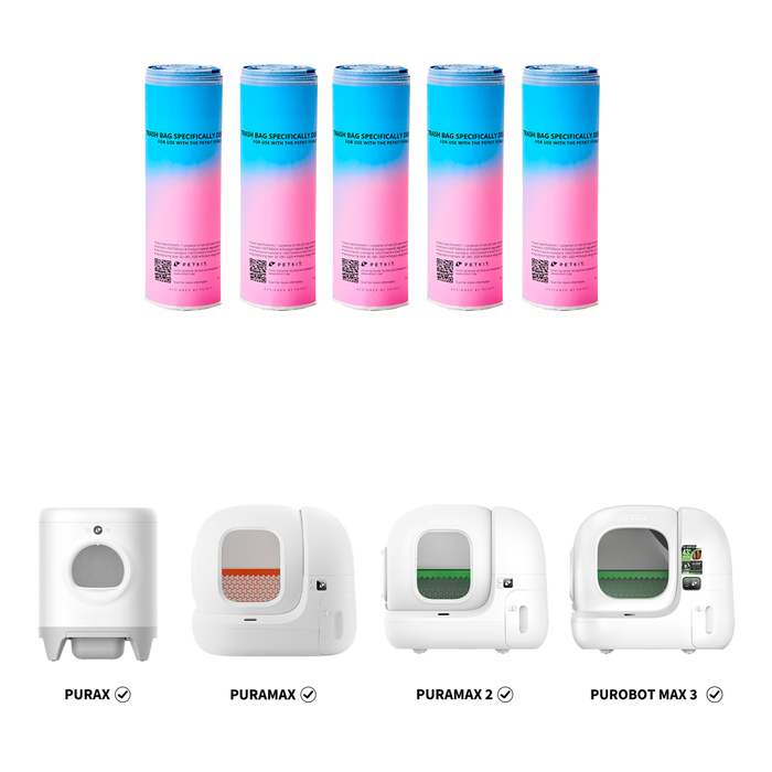 Automatic Litter Box Trash Bag displayed with compatible PETKIT litter boxes Purax, PuraMax, PuraMax 2 and Purobot Max 3, showing perfect fit and usage compatibility