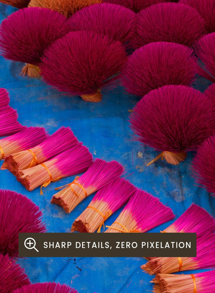 Two people walking through a field of red incense sticks with a clear sky. Drying Incense by Azim Khan Ronnie photography print showing Vietnamese incense workers in Hanoi with vibrant red bundles, cultural documentary wall art poster