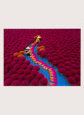Two people walking through a field of red incense sticks with a clear sky. Drying Incense by Azim Khan Ronnie photography print showing Vietnamese incense workers in Hanoi with vibrant red bundles, cultural documentary wall art poster