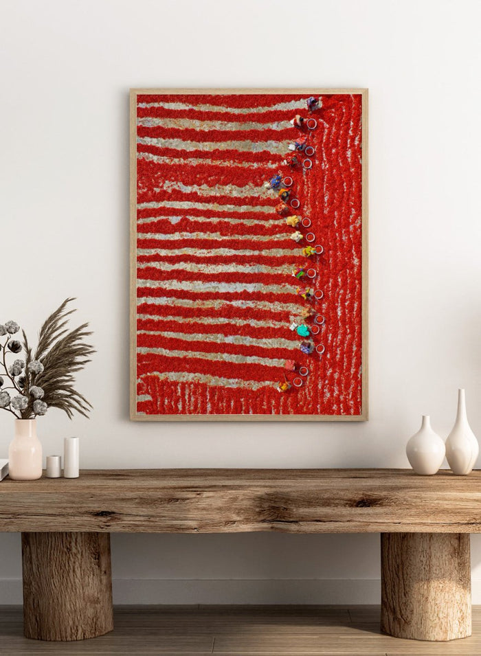 Drying Red Chilies by Azim Khan Ronnie aerial photography print showing chilli fields in Bangladesh with workers, cultural documentary wall art poster