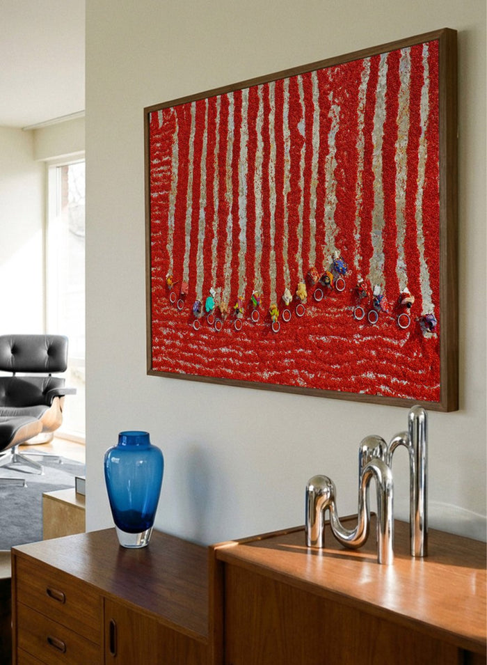Drying Red Chilies by Azim Khan Ronnie aerial photography print showing chilli fields in Bangladesh with workers, cultural documentary wall art poster