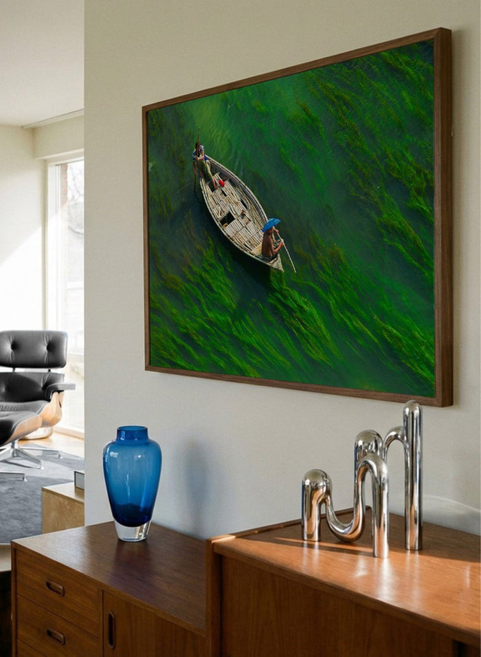 Sailing Through Green Veins by Azim Khan Ronnie aerial photography print showing boat over green aquatic plants river, nature wall art poster