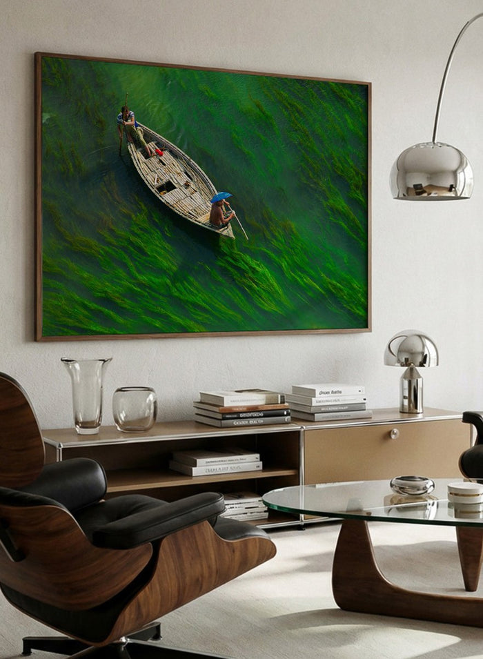 Sailing Through Green Veins by Azim Khan Ronnie aerial photography print showing boat over green aquatic plants river, nature wall art poster