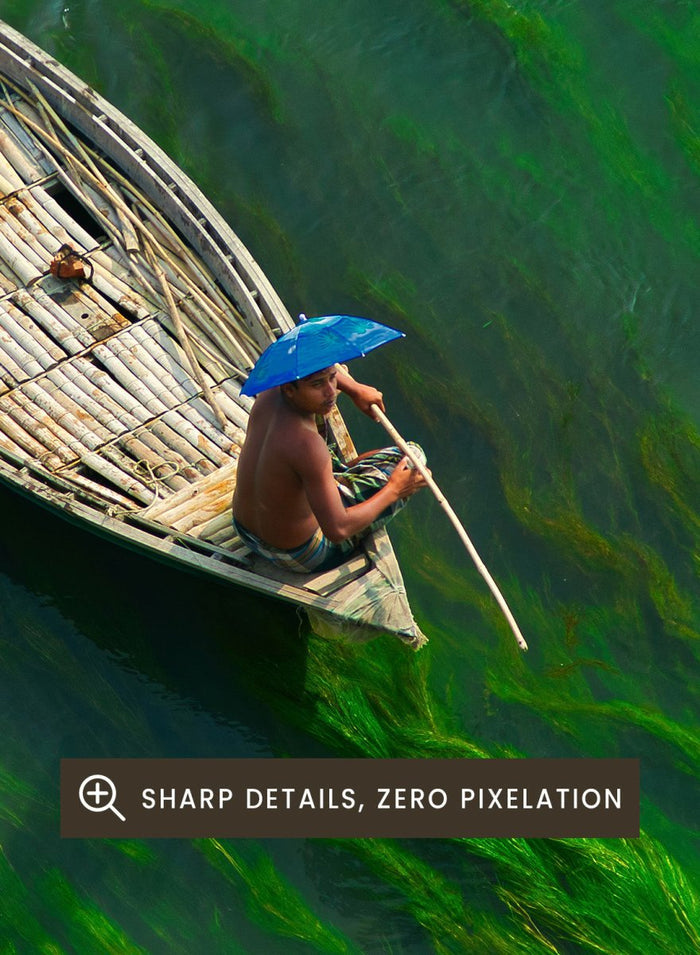 Sailing Through Green Veins by Azim Khan Ronnie aerial photography print showing boat over green aquatic plants river, nature wall art poster