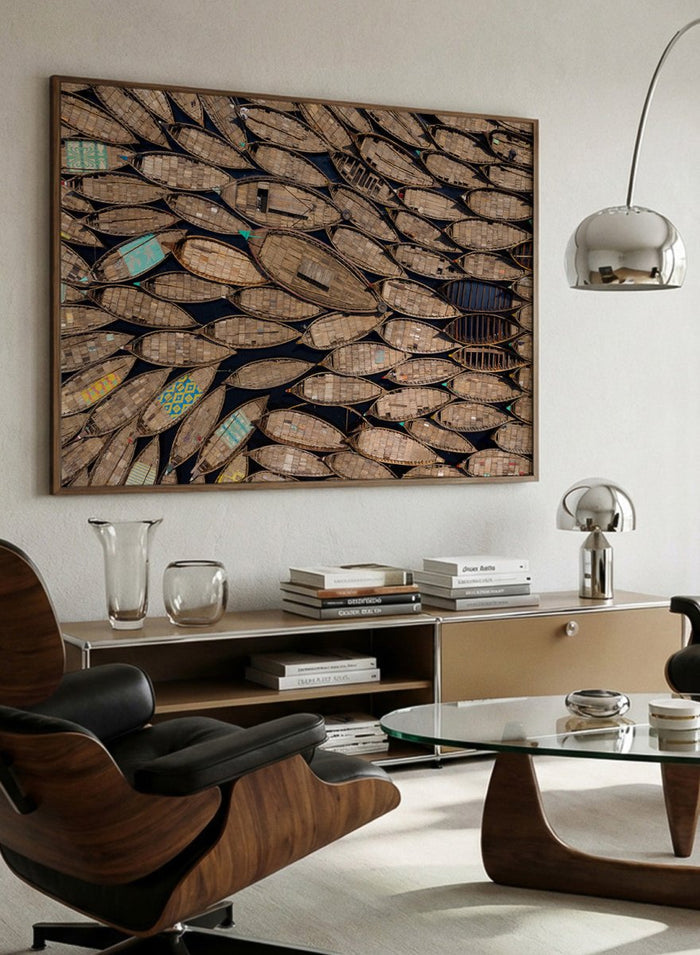 Framed artwork of a pattern made from wooden boats. Wooden Boats by Azim Khan Ronnie aerial photography print showing clustered wooden boats from above, textured pattern wall art poster