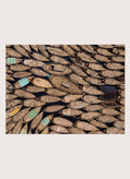 Framed artwork of a pattern made from wooden boats. Wooden Boats by Azim Khan Ronnie aerial photography print showing clustered wooden boats from above, textured pattern wall art poster