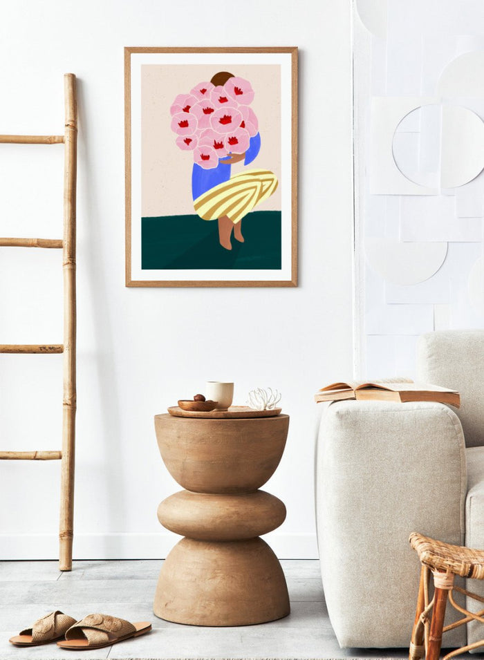 Bouquet of Flowers by Bea Müller is an officially licensed art print featuring a modern illustrated woman holding pink flowers. Available framed or unframed.