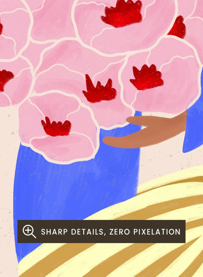 Bouquet of Flowers by Bea Müller is an officially licensed art print featuring a modern illustrated woman holding pink flowers. Available framed or unframed.