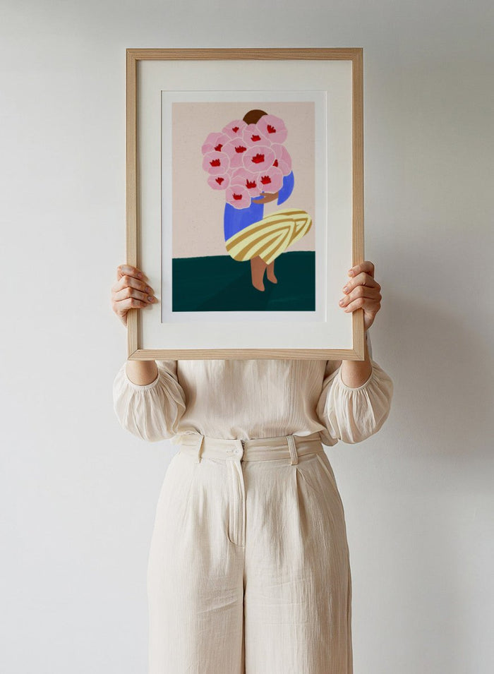 Bouquet of Flowers by Bea Müller is an officially licensed art print featuring a modern illustrated woman holding pink flowers. Available framed or unframed.