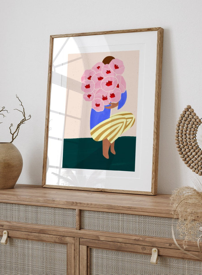 Bouquet of Flowers by Bea Müller is an officially licensed art print featuring a modern illustrated woman holding pink flowers. Available framed or unframed.