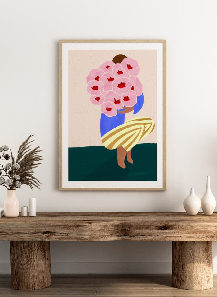 Bouquet of Flowers by Bea Müller is an officially licensed art print featuring a modern illustrated woman holding pink flowers. Available framed or unframed.