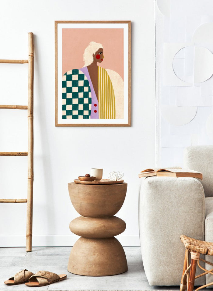 Funky Blouse by Bea Müller is an officially licensed art print featuring bold patterns, expressive color, and a modern illustrated woman. Framed or unframed options available.