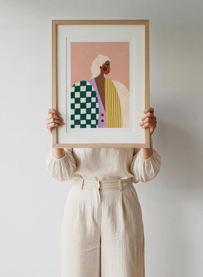 Funky Blouse by Bea Müller is an officially licensed art print featuring bold patterns, expressive color, and a modern illustrated woman. Framed or unframed options available.
