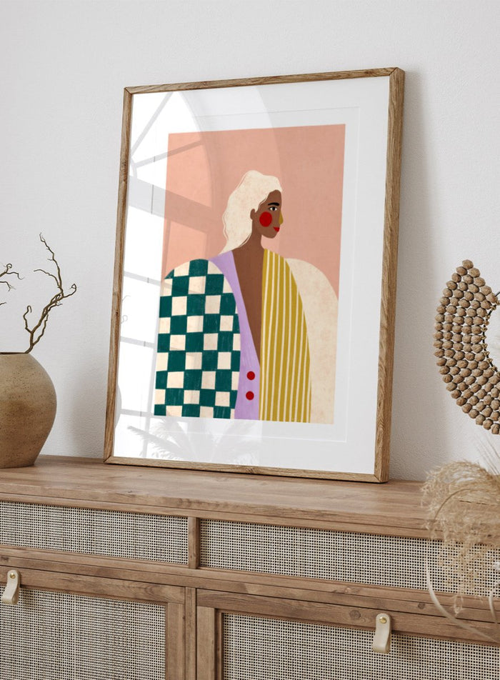 Funky Blouse by Bea Müller is an officially licensed art print featuring bold patterns, expressive color, and a modern illustrated woman. Framed or unframed options available.