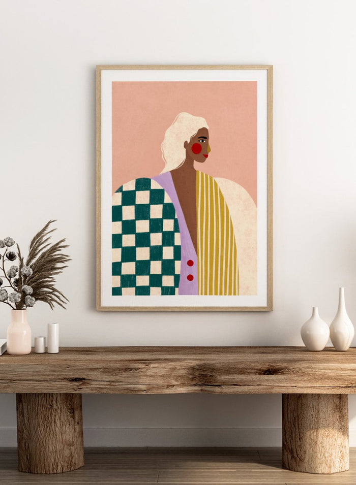 Funky Blouse by Bea Müller is an officially licensed art print featuring bold patterns, expressive color, and a modern illustrated woman. Framed or unframed options available.
