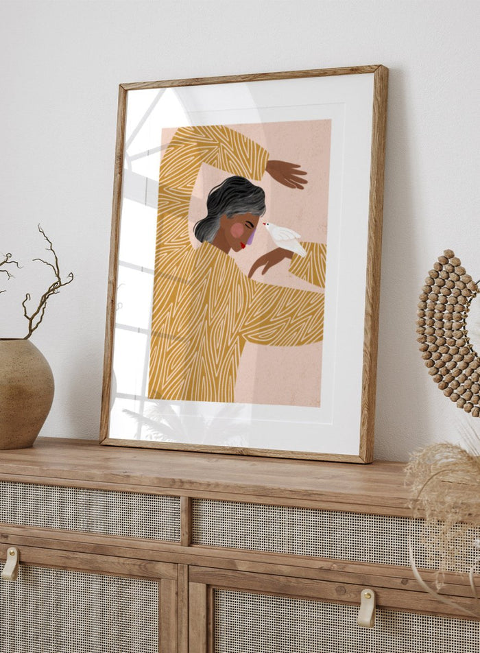 The Woman With a Bird by Bea Müller is an officially licensed art print featuring a modern illustrated woman and a white bird. Available framed or unframed.