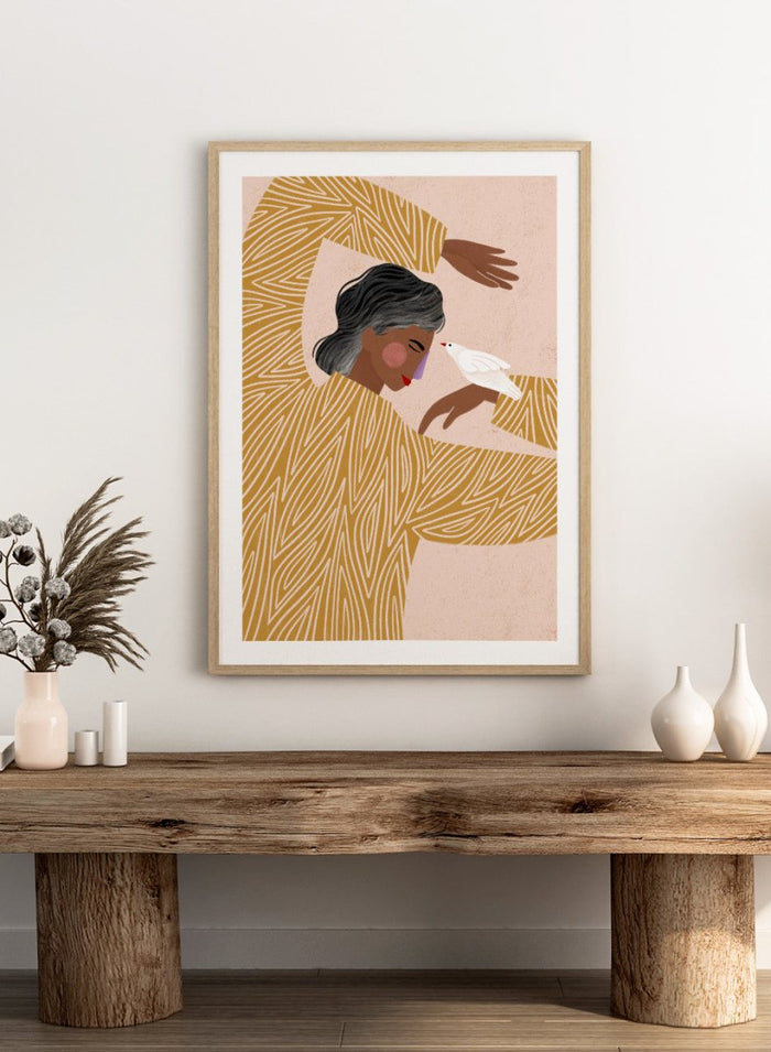 The Woman With a Bird by Bea Müller is an officially licensed art print featuring a modern illustrated woman and a white bird. Available framed or unframed.
