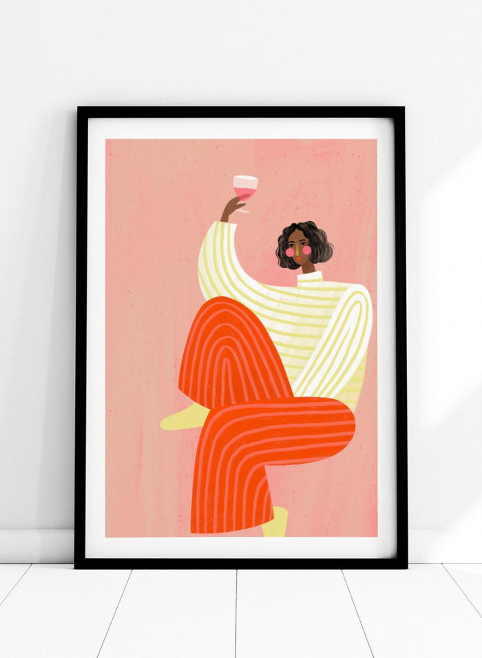 The Woman With a Glass of Wine by Bea Müller is an officially licensed art print featuring bold color and a modern illustrated portrait. Available framed or unframed.