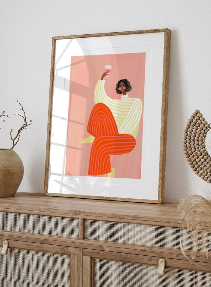 The Woman With a Glass of Wine by Bea Müller is an officially licensed art print featuring bold color and a modern illustrated portrait. Available framed or unframed.