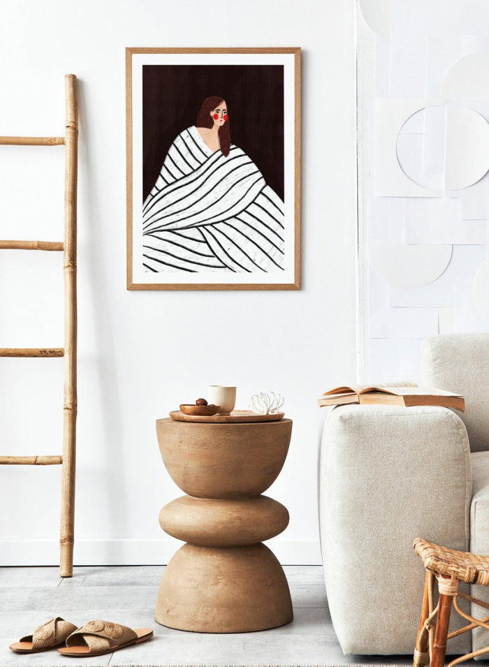 The Woman With Black and White Stripes by Bea Müller is an officially licensed art print featuring a bold modern portrait with graphic stripes. Available framed or unframed.