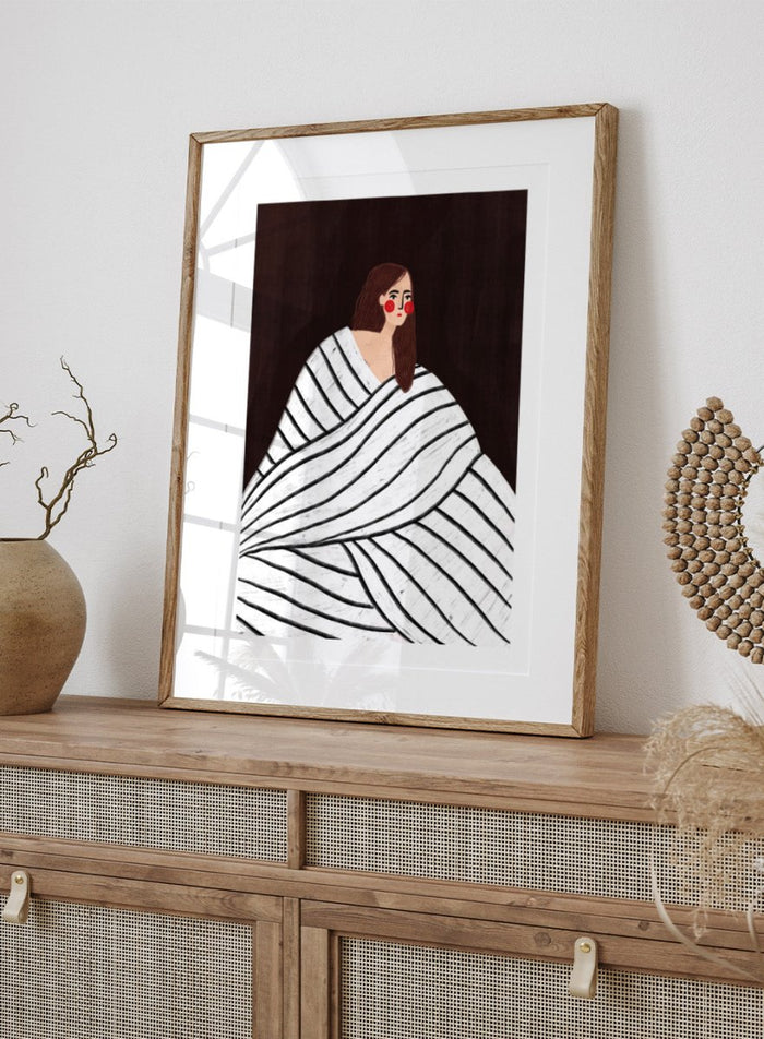 The Woman With Black and White Stripes by Bea Müller is an officially licensed art print featuring a bold modern portrait with graphic stripes. Available framed or unframed.