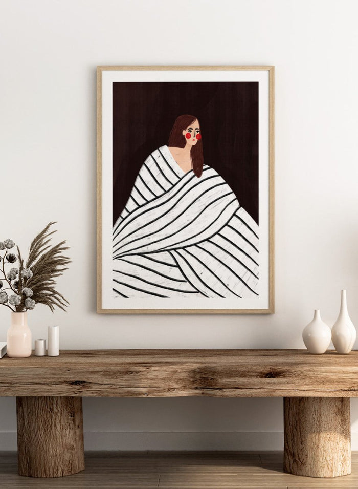 The Woman With Black and White Stripes by Bea Müller is an officially licensed art print featuring a bold modern portrait with graphic stripes. Available framed or unframed.
