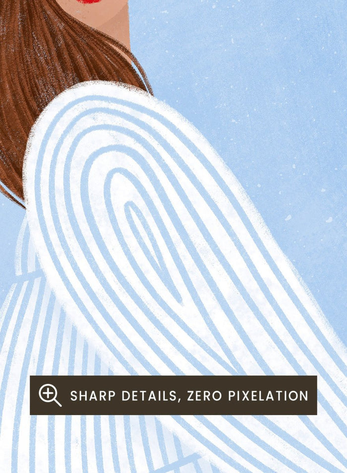 The Woman With the Blue Stripes by Bea Müller is an officially licensed art print featuring soft blue tones and a flowing modern portrait. Framed or unframed options available.