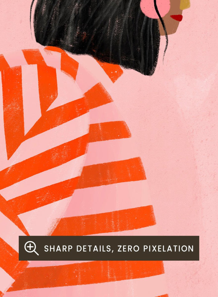 The Woman With the Orange Stripes by Bea Müller is an officially licensed art print featuring bold orange stripes and a modern illustrated woman. Available framed or unframed.