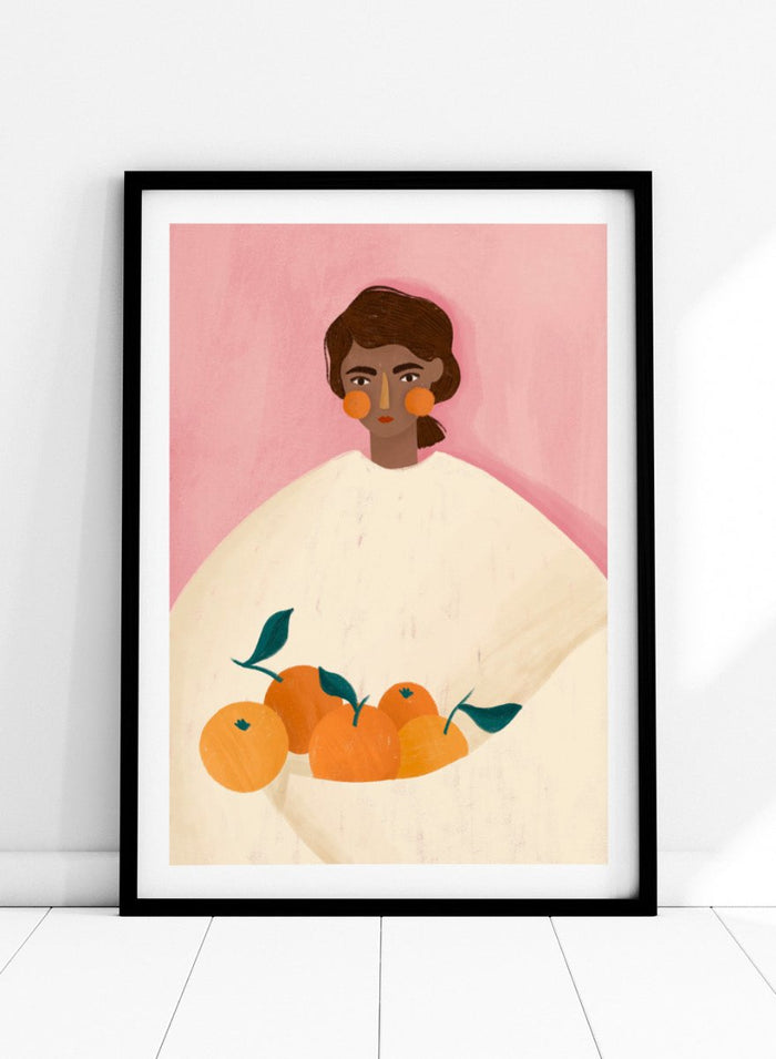The Woman With the Oranges by Bea Müller is an officially licensed art print featuring warm citrus tones and a modern illustrated portrait. Available framed or unframed.