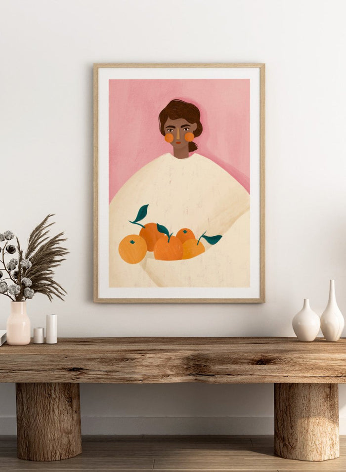 The Woman With the Oranges by Bea Müller is an officially licensed art print featuring warm citrus tones and a modern illustrated portrait. Available framed or unframed.