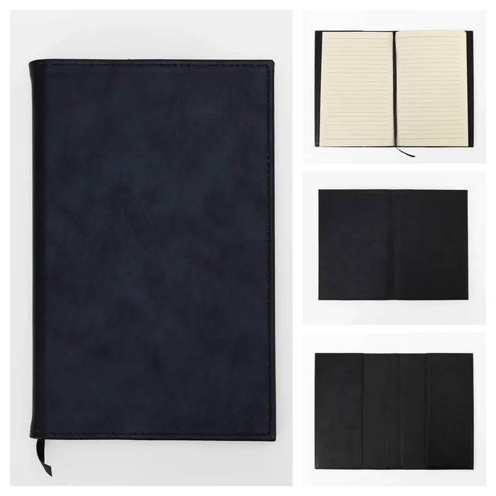 Black vegan leather notebook with personalized engraved initials on the front cover