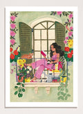 Illustration of a woman reading a book on a balcony with flowers and plants. Balcony Reading With Cats by Caroline Bonne Müller is a fine art print and wall poster of a woman reading on a balcony with cats and flowers in a modern style.