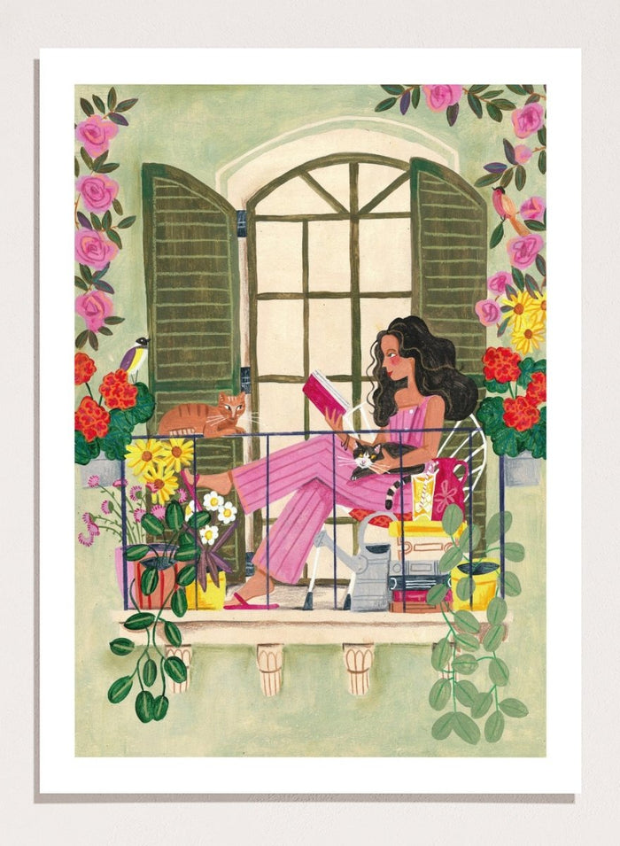 Illustration of a woman reading a book on a balcony with flowers and plants. Balcony Reading With Cats by Caroline Bonne Müller is a fine art print and wall poster of a woman reading on a balcony with cats and flowers in a modern style.