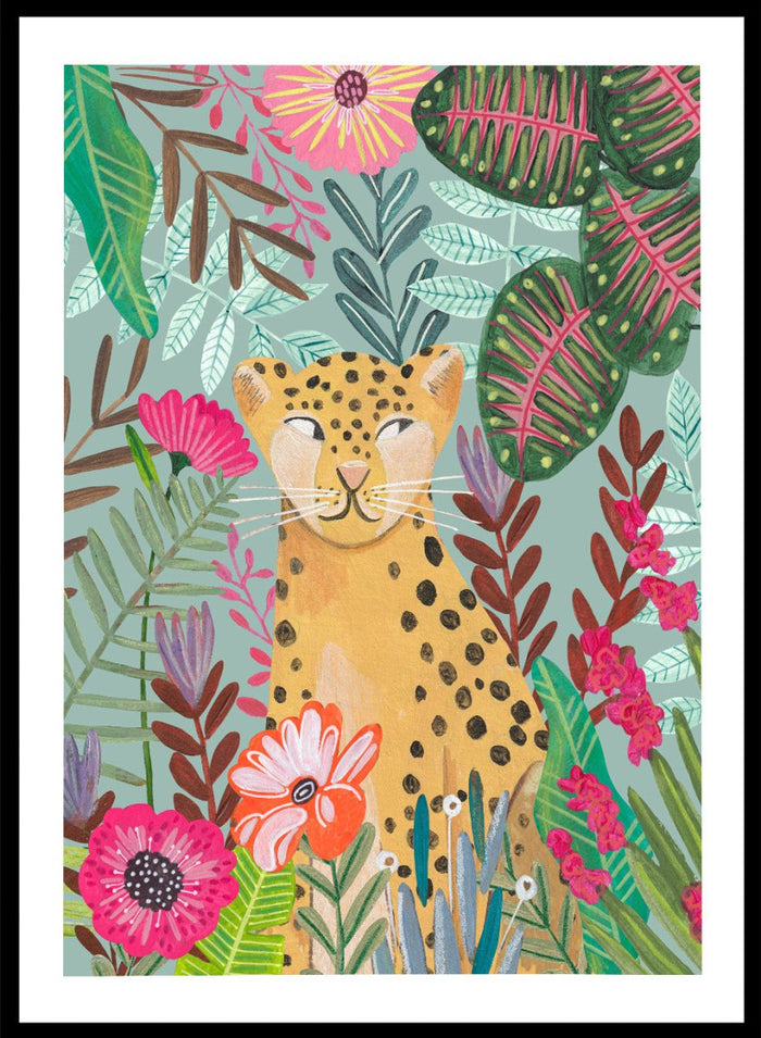 Illustration of a cheetah surrounded by colorful flowers and leaves on a light blue background. Happy Leopard Tropical Flowers by Caroline Bonne Müller is a fine art print and wall poster featuring a leopard with tropical flowers in a modern aesthetic style.