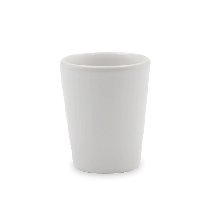 Set of two ceramic shot glasses with customized engraved text on the exterior