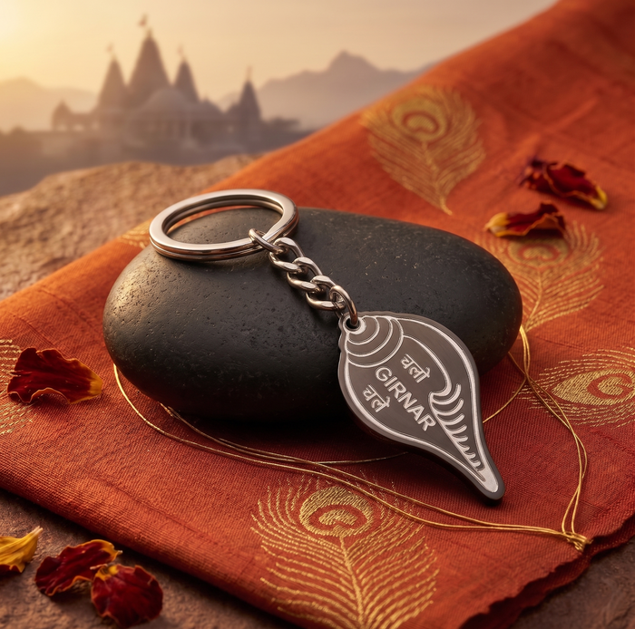 Chalo Girnar Chale black keychain - Girnar Darshan metal engraved