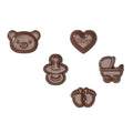 Chocolate World Baby Shower Caraque polycarbonate mold 12174CW with 18 cavities in 6 unique baby-themed shapes, professional Belgian baby shower chocolate decoration mold, clear polycarbonate baby shower candy mould 12174CW