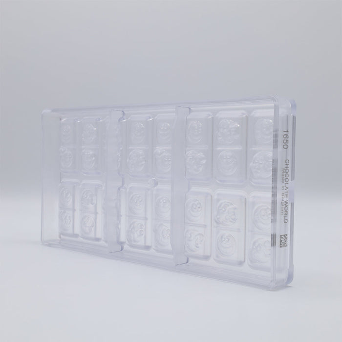 Chocolate World Caraque Smiley (4 Figures) Polycarbonate Chocolate Mold – ~1.18 x 1.18 x 0.20 in, 16 Cavities
