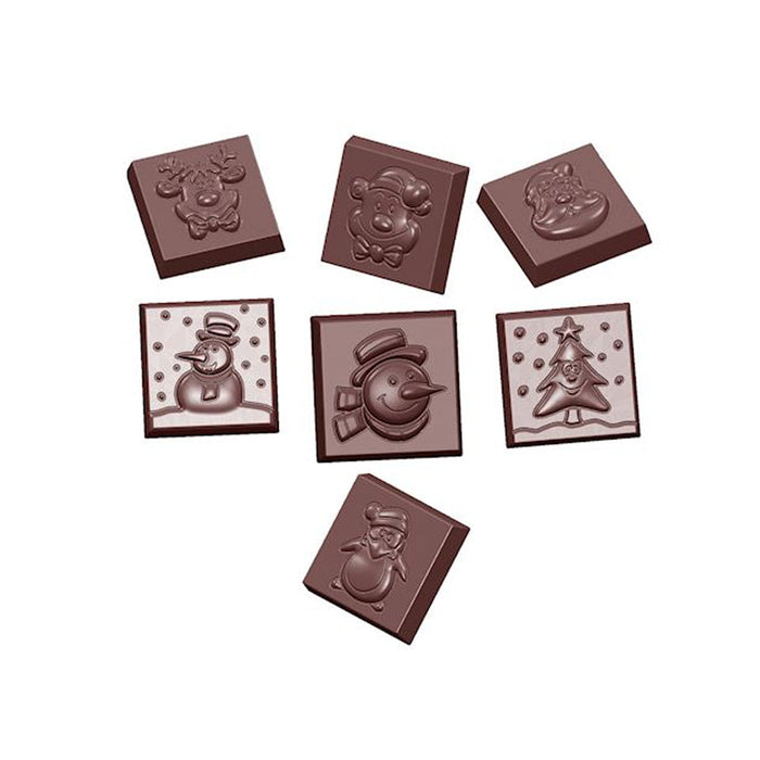 Chocolate World Christmas Caraque (7 Figures) polycarbonate chocolate mold 1660CW with 21 cavities, professional Belgian confectionery mold for bonbons and pralines, clear polycarbonate christmas caraque (7 figures) chocolate mould 1660CW